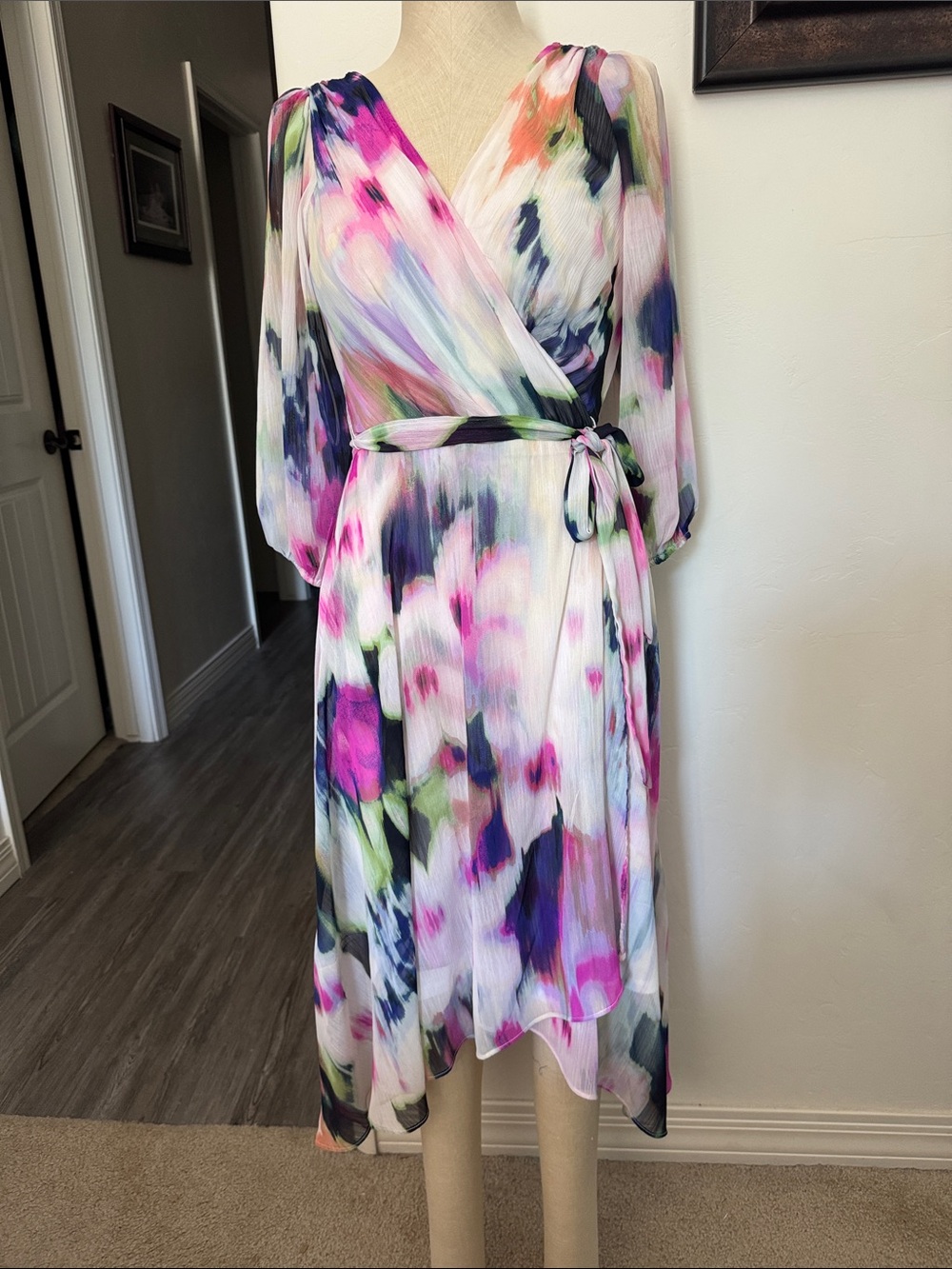 DKNY Pink & Purple Watercolor Wrap Midi Dress ~ size 2